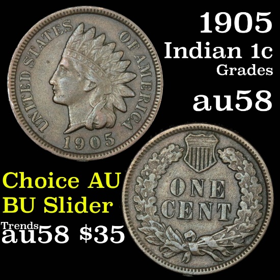 1905 Indian Cent 1c Grades Choice AU/BU Slider