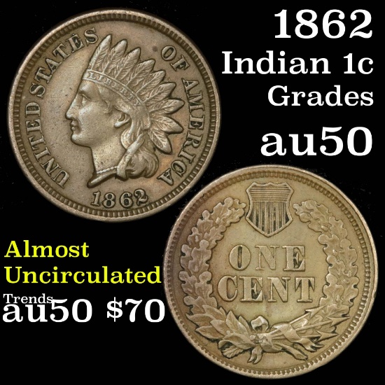 1862 Indian Cent 1c Grades AU, Almost Unc