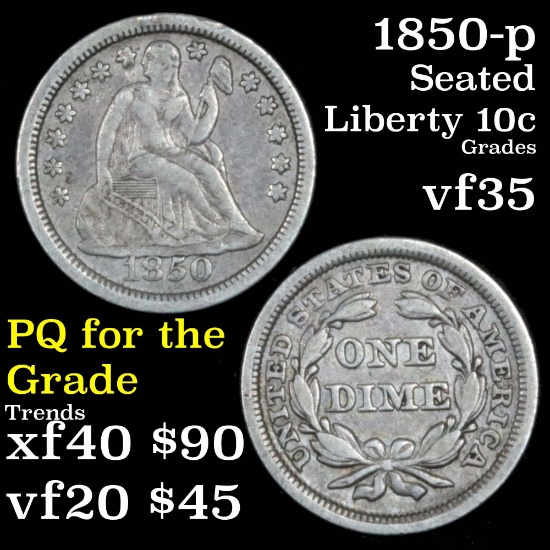 1850-p Seated Liberty Dime 10c Grades vf++