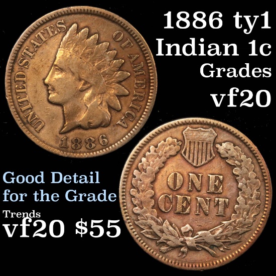 1886 Ty1 Indian Cent 1c Grades vf, very fine