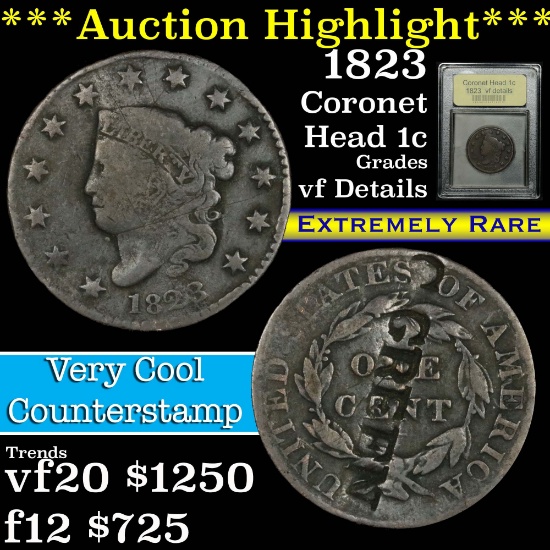 ***Auction Highlight*** 1823 Coronet Head Large Cent 1c Graded vf details by USCG (fc)