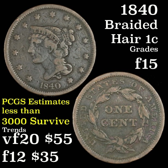 1840 Braided Hair Large Cent 1c Grades f+