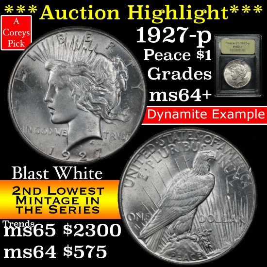 ***Auction Highlight*** 1927-p Peace Dollar $1 Graded Choice+ Unc by USCG (fc)