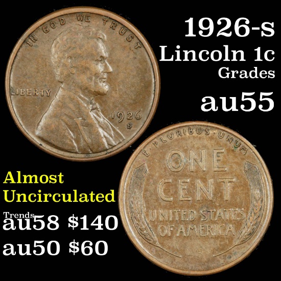 1926-s Lincoln Cent 1c Grades Choice AU