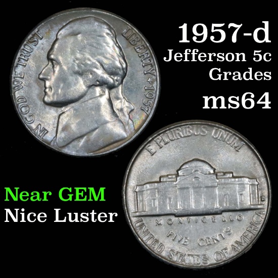 1957-d Jefferson Nickel 5c Grades Choice Unc