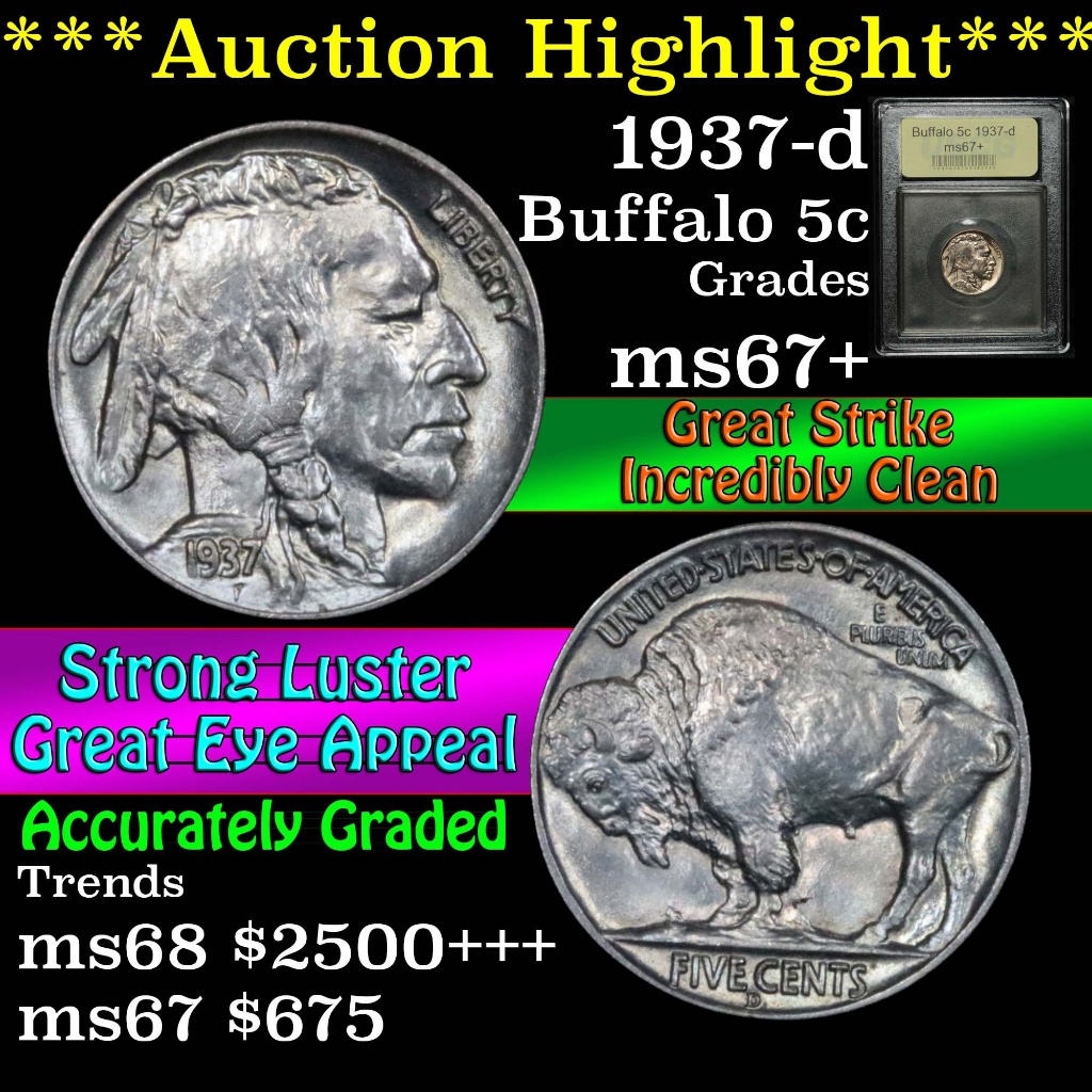 ***Auction Highlight*** 1937-d Buffalo Nickel 5c Graded Gem++ Unc by USCG (fc)