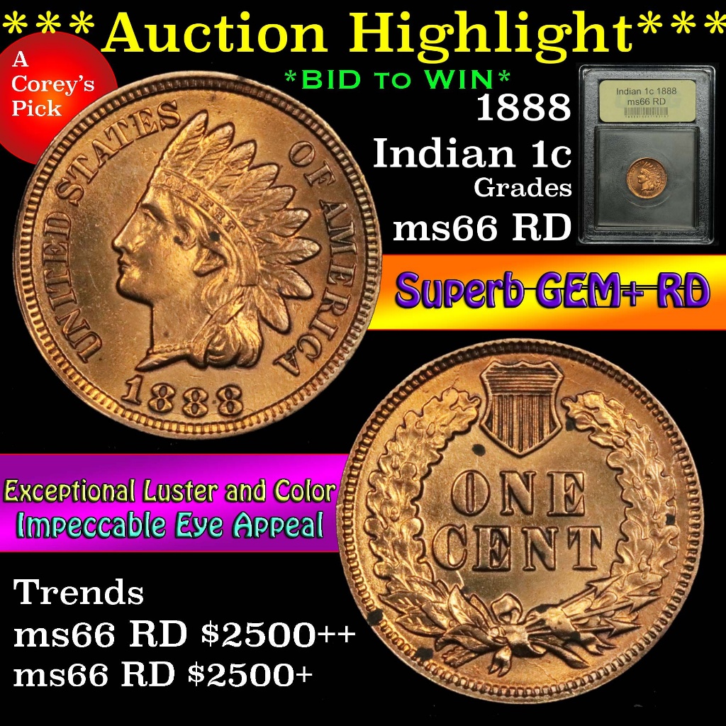 ***Auction Highlight*** 1888 Indian Cent 1c Graded GEM+ Unc RD by USCG (fc)