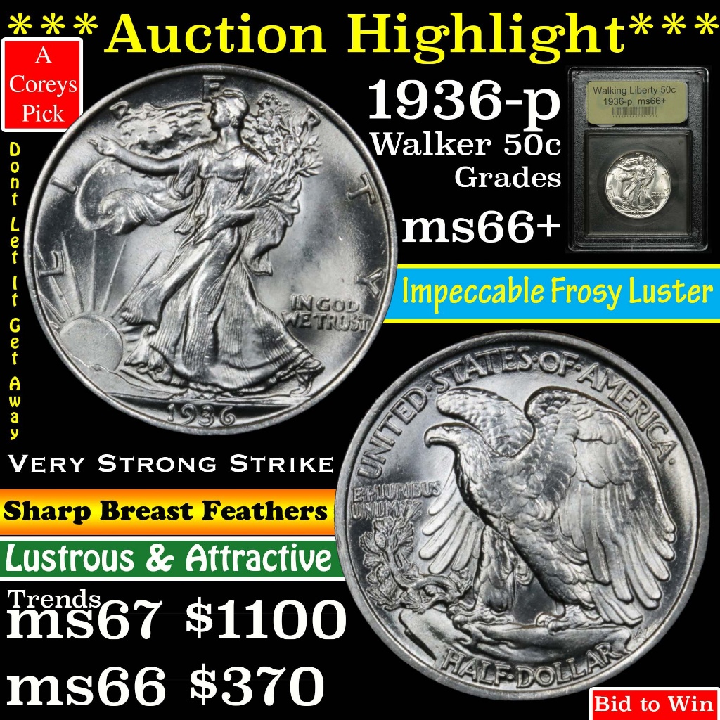 ***Auction Highlight*** 1936-p Walking Liberty Half Dollar 50c Graded GEM++ Unc by USCG (fc)
