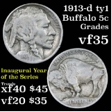 1913-d Ty1 Buffalo Nickel 5c Grades vf++