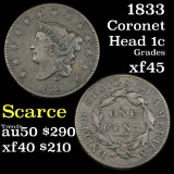 1833 Coronet Head Large Cent 1c Grades xf+ (fc)