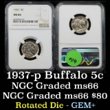 NGC 1937-p Buffalo Nickel 5c Graded ms66 By NGC