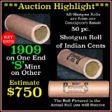***Auction Highlight*** Indian 1c Shotgun Roll, 1909 one end, KEY date 's' mint rev other, Wow! (fc)