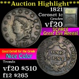 ***Auction Highlight*** 1821 Coronet Head Large Cent 1c Graded vf, very fine by USCG (fc)