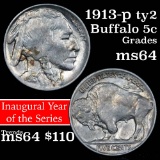 1913-p Ty2 Buffalo Nickel 5c Grades Choice Unc