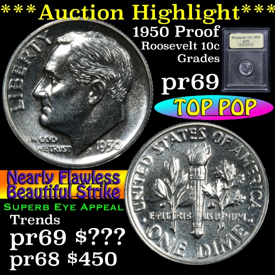 ***Auction Highlight*** 1950 Roosevelt 10c Graded GEM++ Proof USCG Possible finest known (fc)