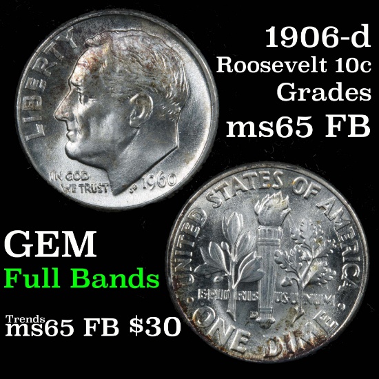 1960-d Roosevelt Dime 10c Grades Gem++ Full Bands