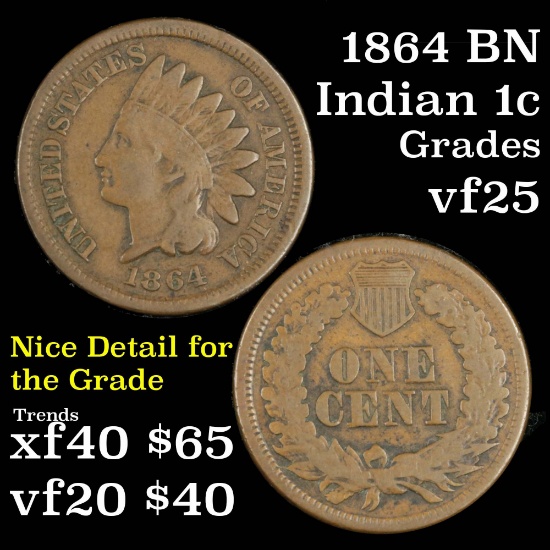 1864 Bronze Indian Cent 1c Grades vf+