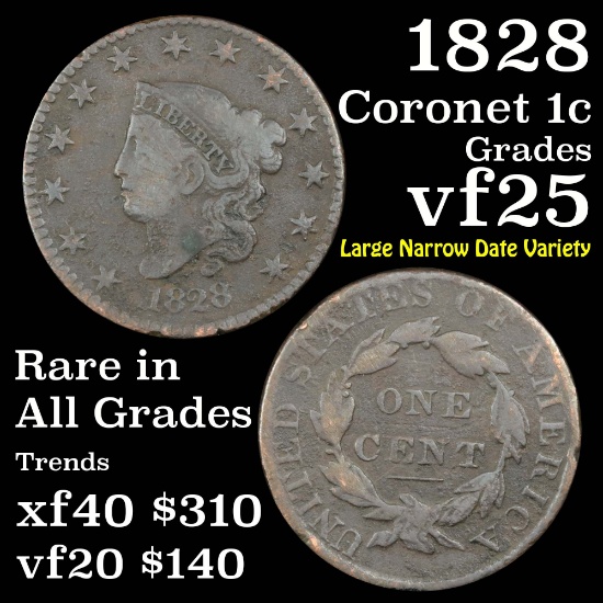 1828 Coronet Head Large Cent 1c Grades vf+ (fc)