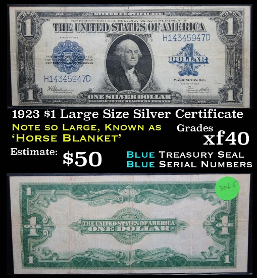 1923 $1 Large Size Silver Certifcate Grades xf