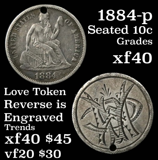 1884-p Seated Liberty 10c Love Token 10c Grades xf