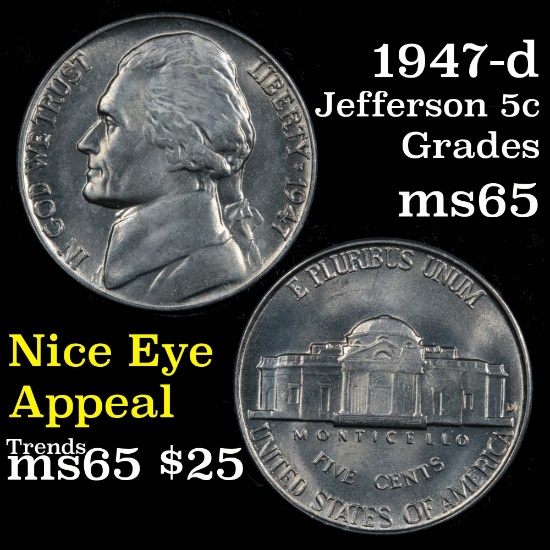 1947-d Jefferson Nickel 5c Grades GEM Unc