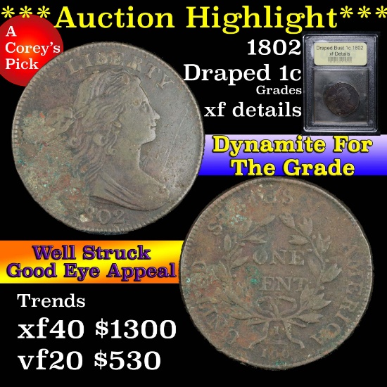 ***Auction Highlight*** 1802 Draped Bust Large Cent 1c Graded xf details by USCG (fc)
