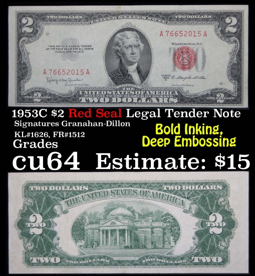 1953 C $2 Red Seal Legal Tender Note Grades cu64