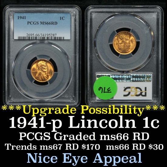 PCGS 1941-p Lincoln Cent 1c Graded ms66RD by PCGS