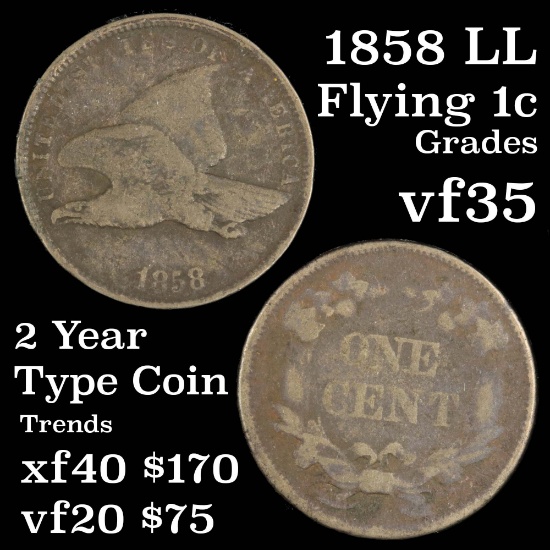 1858 LL Flying Eagle Cent 1c Grades vf++