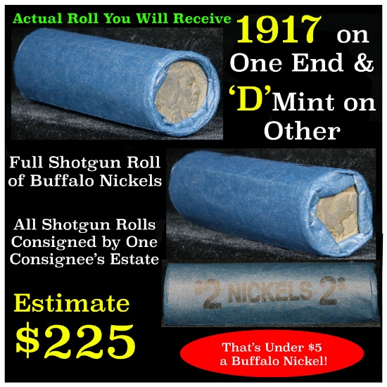 Full roll of Buffalo Nickels, 1927 & 'd' Mint Ends Grades Avg Circ (fc)