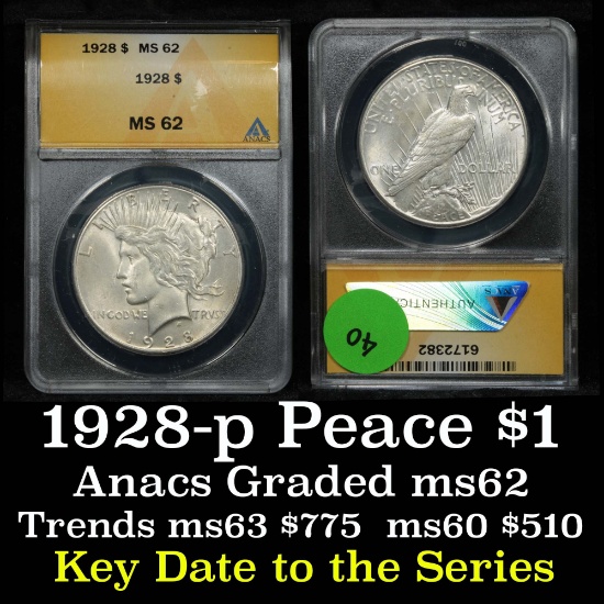 ***Auction Highlight*** ANACS 1928-p Peace Dollar $1 Graded ms62 by ANACS (fc)