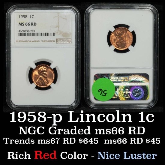 NGC 1958-p Lincoln Cent 1c Graded ms66RD by NGC