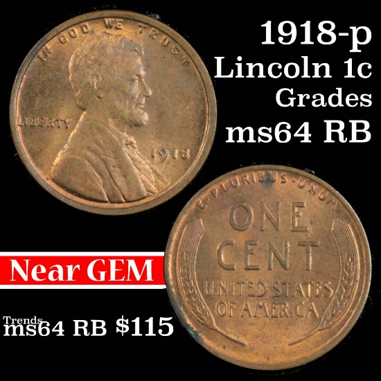 1918-p Lincoln Cent 1c Grades Choice Unc RB