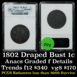 ANACS 1802 s-229 Draped Bust Large Cent 1c Graded f details by ANACS