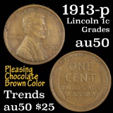 1913-p Lincoln Cent 1c Grades AU, Almost Unc