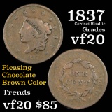 1837 Coronet Head Large Cent 1c Grades vf, very fine