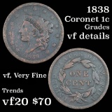 1838 Coronet Head Large Cent 1c Grades vf details