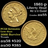 1861 Type 2 Liberty Head Gold Quarter Eagle $2 1/2 Grades Choice AU