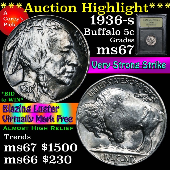 ***Auction Highlight*** 1936-s Buffalo Nickel 5c Graded GEM++ Unc By USCG (fc)