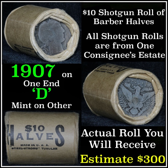Barber Half 50c Shotgun Roll, 1907 on one end and a 'd' mint on the other end, 20 pcs.
