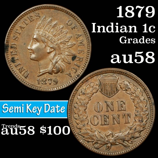 1879 Indian Cent 1c Grades Choice AU/BU Slider