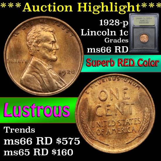 ***Auction Highlight*** 1928-p Lincoln Cent 1c Graded GEM+ Unc RD By USCG (fc)