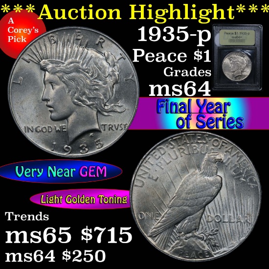 ***Auction Highlight*** 1935-p Peace Dollar $1 Graded Choice+ Unc By USCG (fc)