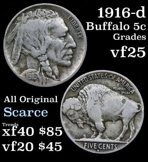 1916-d Buffalo Nickel 5c Grades vf+