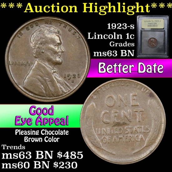 ***Auction Highlight*** 1923-s Lincoln Cent 1c Graded Select Unc BN By USCG (fc)