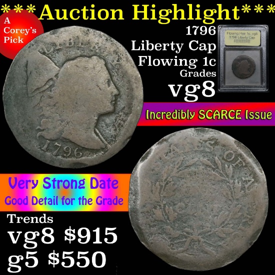 ***Auction Highlight*** 1796 Liberty Cap Flowing Hair large cent 1c Graded vg, very good By USCG (fc