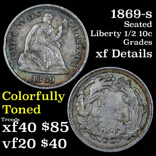 1869-s Seated Liberty Half Dime 1/2 10c Grades xf details