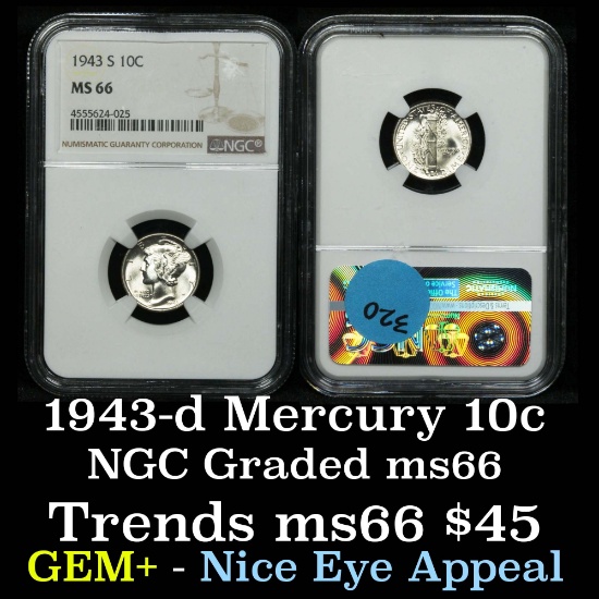 NGC 1943-s Mercury Dime 10c Graded ms66 By NGC