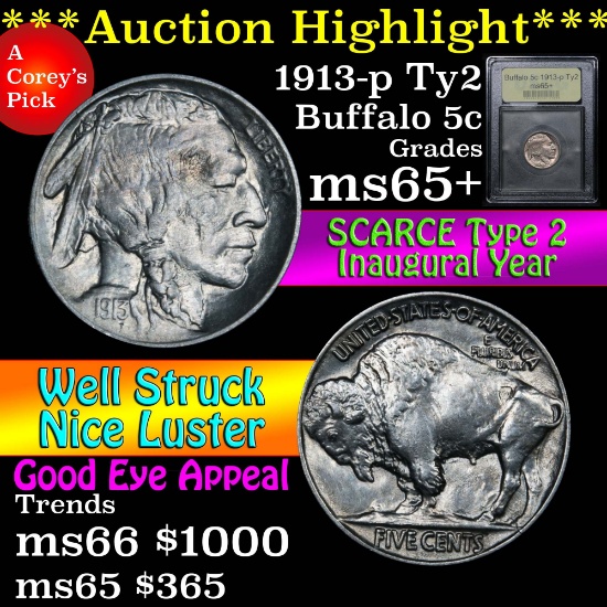 ***Auction Highlight*** 1913-p Ty2 Buffalo Nickel 5c Graded GEM+ Unc By USCG (fc)