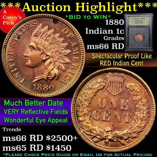 ***Auction Highlight*** 1880 Indian Cent 1c Graded GEM+ Unc RD By USCG (fc)